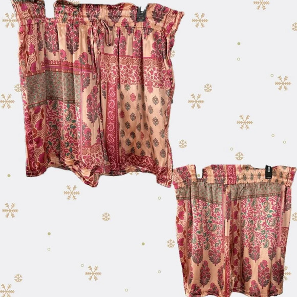 Kaktus + 3X Red Floral Satin Shirred Drawstring Waist Side Pockets Dress Shorts - Picture 1 of 7